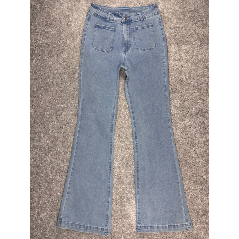 High Rise Light Wash Patch Pocket Flare Jeans Blue Size 4 M7D340‎
